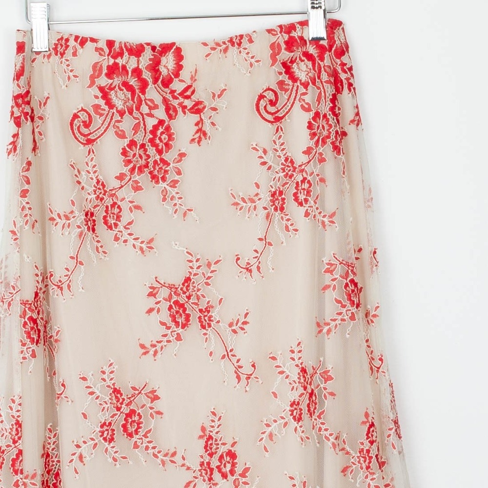 Alice + Olivia Kira Maxi Dress Embroidered Floral Sheer Nude Red Romantic Size 6 - Picture 4 of 9